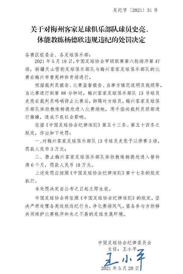 重磅罚单！梅州体能教练杨德欣禁赛6个月 罚款10万